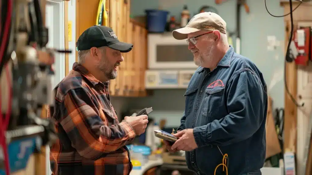 Urgent Signs Indicating You Need Electrical Help Fast 10 a confident homeowner consults with a professional electrician in a well-lit room, surrounded by tools and equipment, as they engage in a discussion about safety, credentials, and repair costs during an electrical emergency.
